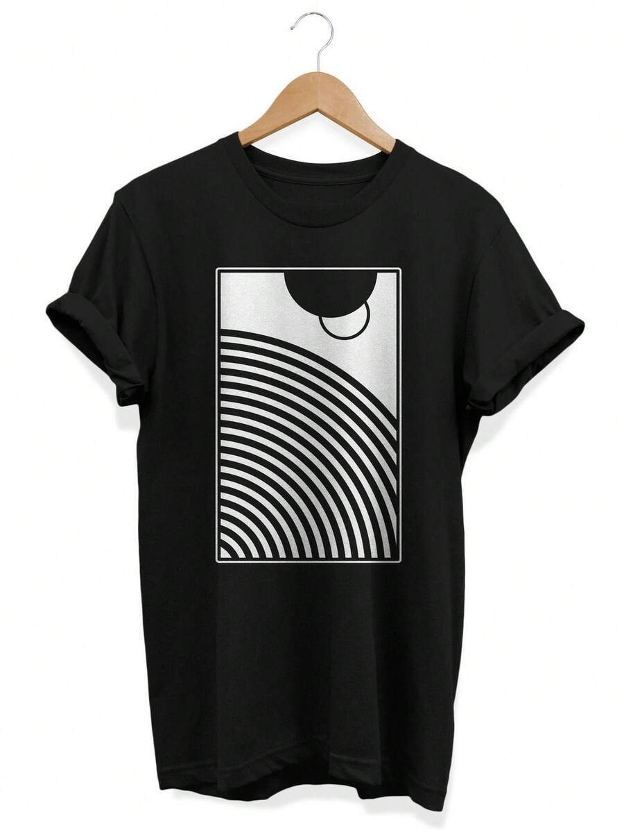 Camiseta minimalista con estampado geométrico de círculos. Camiseta unisex de algodón puro de 220 g. Peso ideal para todas las estaciones, apta tanto para hombres como para mujeres. Tejido duradero de alta calidad, suave al tacto y de larga duración. Prenda transpirable, ideal para el otoño y las vacaciones. - Negro - Ver 1