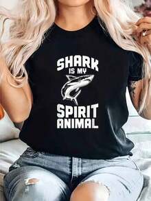 Funny Print T-Shirt "The Shark Is My Spirit Animal" For Shark Lovers. Casual Round Neck Printed Short Sleeve Casual Everyday T-Shirt. They Are Excellent Gifts For Friends And Family. 100% Cotton T-Shirts. A Youthful And Fashionable Design. Women's Blouses Shirt - Black - View 6