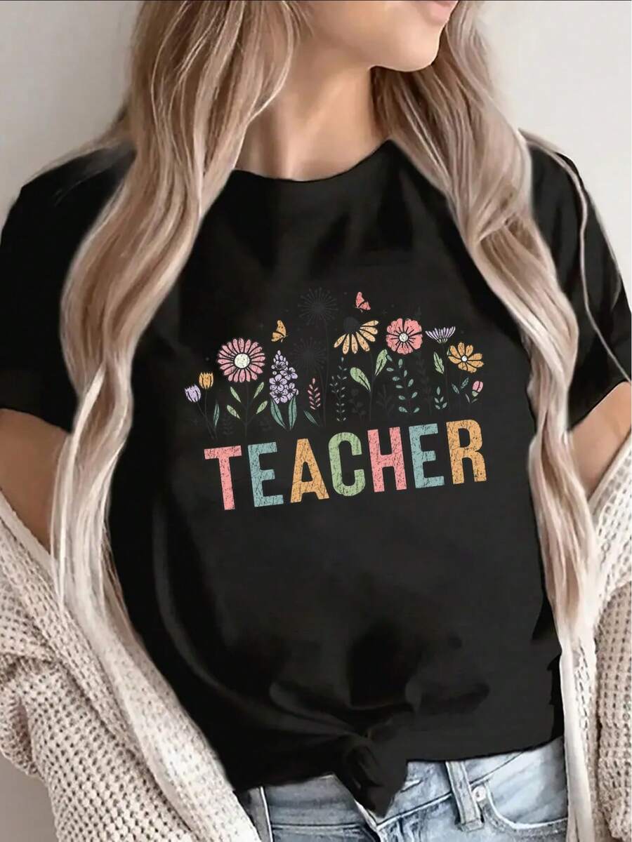 Camiseta de manga corta para mujer, diseño floral colorido con estampado de PROFESOR, base negra, estampado brillante, ropa casual, muy adecuada para trabajadores del sector educativo, tela ligera y cómoda. - Negro - Ver 1