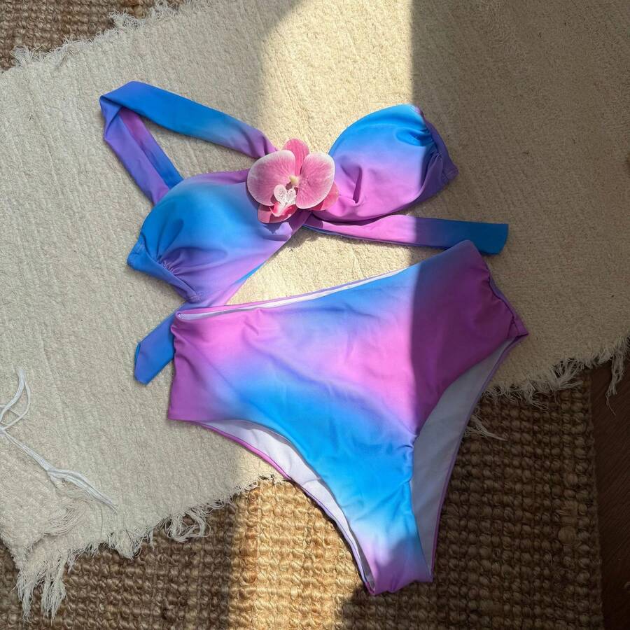 New Two-Piece Bikini With Gradient Print And High-Waisted Corsage - Blue - View 1