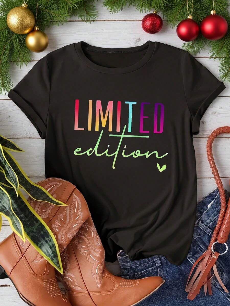 Camiseta Deportiva Casual para Mujer en Negro con Diseño Colorido EDICIÓN LIMITADA - Camiseta Elástica de Cuello Redondo, Lavable aáquina, Ajuste Cómodo y Perfecta para Todas las Estaciones. - Negro - Ver 1
