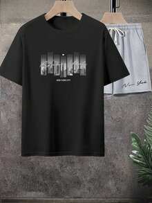 Conjunto de 1 pieza para hombre: camiseta de verano con estampado de letras y videojuegos y pantalones cortos con cintura ajustable y cordón ajustable. - Techo negro - Ver 10