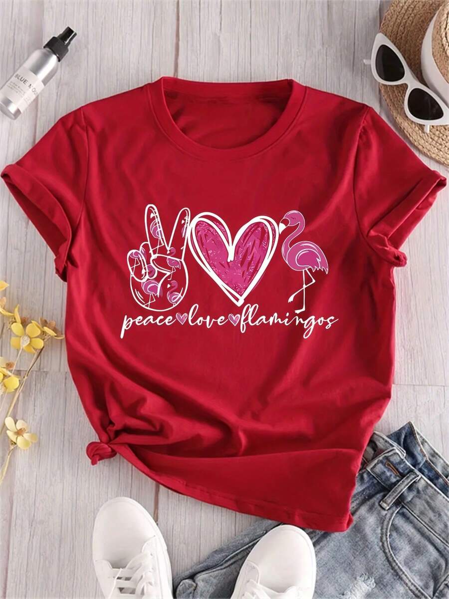 Camiseta de Moda de Talla Grande, Manga Corta, Cuello Redondo, con Estampado de Flamencos y Mensaje de Paz y Amor - Rojo - Ver 1