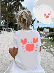 Under The RadarCamiseta Casual de Cuello Redondo y Manga Corta para Niñas con Estampado Frontal y Trasero, Diseño de Cangrejo de Dibujos Animados, Moda y  para Niñas-Vintage Street Style Unisex Loose Cotton Short Sleeve Crew Neck T-Shirt - Blanco - Ver 7