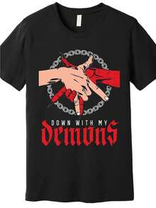 Unisex T-Shirt, Men's Gothic Humor T-Shirt Features A Devil Design - Black Short Sleeve With Stunning Red And White Print, Displaying A Devil Hand Gesture Graphic. It's Casual Crew Neck, Machine Washable Suitable For All Seasons, Women's Clothing, Casual Blouses For Ladies, Women's Shirts, Casual Daily Set, Regular Fit, Daily Matching, Graphic Print, Sporty Casual - 黑色 - 查看 5