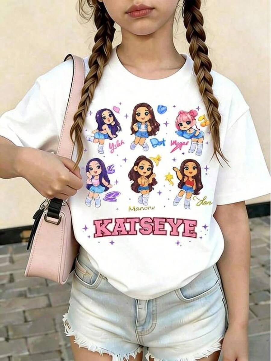 KATSEYR Kids Girls Colorful K-Pop Idol Print Cotton T-Shirt, Retro Aesthetic Casual Everyday Wear, Summer Short Sleeve TeeRopa Hombre Cosas Para Hombre Ropa De Mujer Women Clothing Casual Blusas Bonito - Blanco - Ver 1