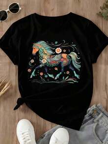 Camiseta VintageSpring Festival para Mujer, Cuello Redondo, Estampado Floral de Caballos Coloridos, Atuendo Casual para Uso Diario y Viajes, Camiseta Gráfica - Negro - Ver 2
