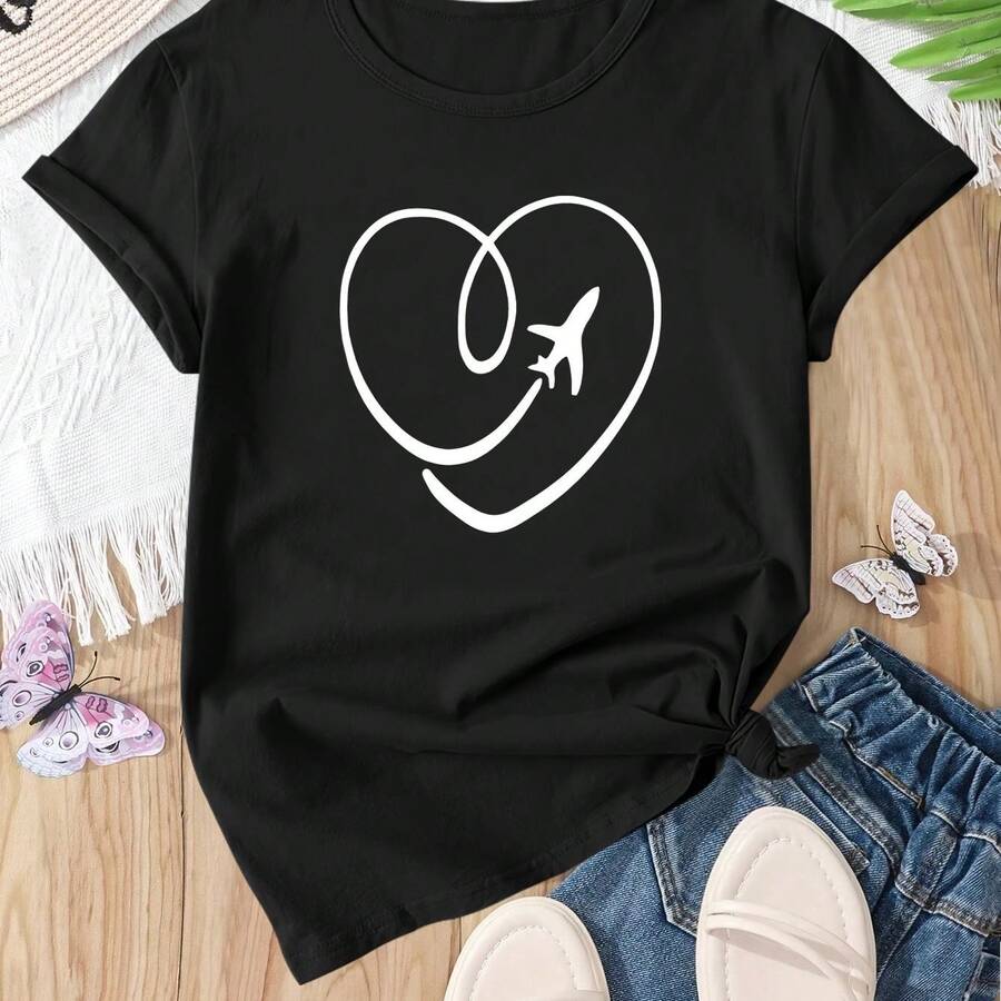 Camiseta casual holgada de manga corta para verano con diseño de estampado en forma de corazón - negro - Ver 1