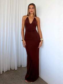 Vestido largo sin mangas cuello V ajustado con lazos espalda descubierta estilo europeo elegante verano para mujer - Burdeos - Ver 10