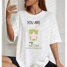 ModaModaSummer Camiseta de Algodón Estampada Estilo Coreano para Mujer, Camiseta de Manga Corta con Cuello Redondo para Damas, You Are My Matcha Favourite Forever, Camiseta Linda Estampada - Blanco - Ver 5