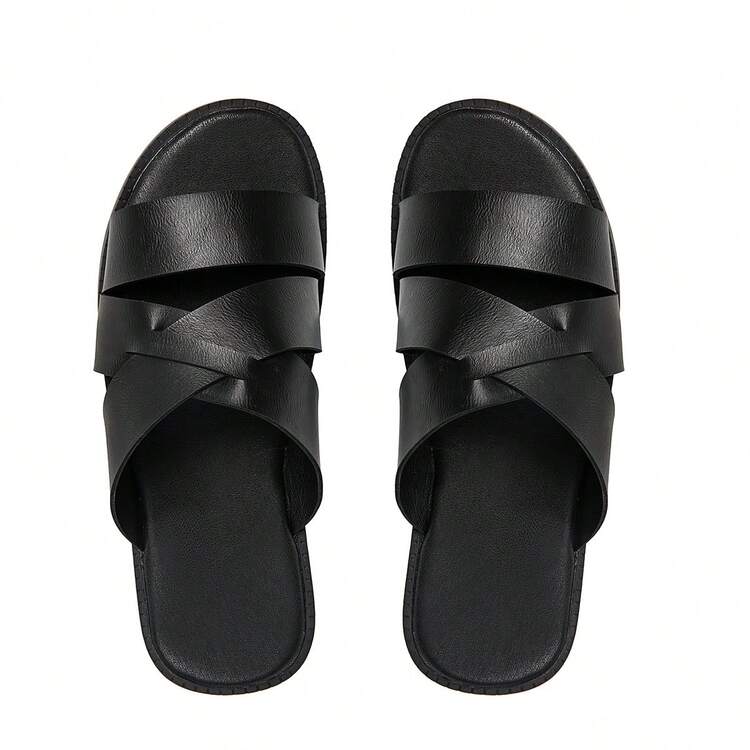 New Solid Color Beach Hook And Loop Sandals, Casual Summer Beach Shoes, Men's Slippers - All Black - View 10