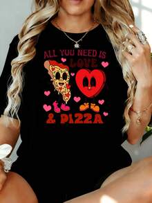Todo lo que necesitas es amor y pizza, camiseta gráfica para mujer, diseño de corazón de pizza de dibujos animados, top blanco de gran tamaño, camisa casual de verano de 180g, para ocio en casa, al aire libre, regalo para el Día de San Valentín o fiesta. - Negro - Ver 1