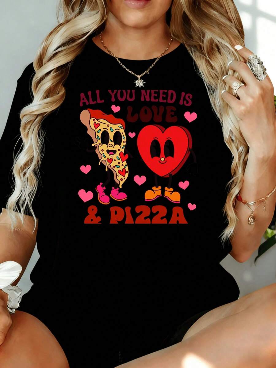Todo lo que necesitas es amor y pizza, camiseta gráfica para mujer, diseño de corazón de pizza de dibujos animados, top blanco de gran tamaño, camisa casual de verano de 180g, para ocio en casa, al aire libre, regalo para el Día de San Valentín o fiesta. - Negro - Ver 1