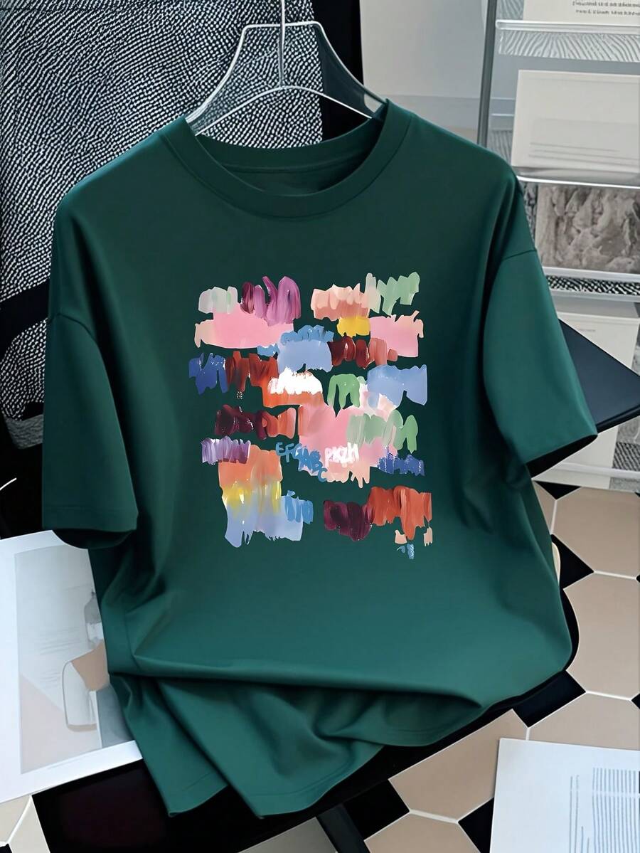 Limited Edition: Women's Y2K Style Oversized Short Sleeve T-Shirt - Long Top With Cartoon Print, Lightweight (200 G/M²), Round Neck, Casual Summer Top For Spring And Autumn, Lightweight Cotton - 綠色 - 查看 1