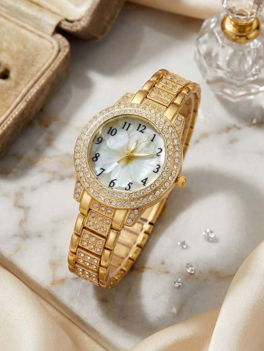 1件時尚優雅華麗水鑽極簡阿拉伯數字花卉圖案女士石英手錶,適合日常佩戴、派對裝飾、情人節、畢業季、結婚週年紀念,適合送給同學和伴侶的各種節日禮物 - 彩色 - 查看 1