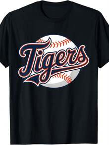 2026 Nueva Camiseta de Gran Tamaño en Color Sólido para Hombre con Estampado de Tigre - Atractiva camiseta negra de cuello redondo, con letras escritas a mano en naranja y azul y un diseño de bate de béisbol, camiseta deportiva casual de manga corta y corte holgado, adecuada para seguidores de equipos, apta para todas las estaciones, camiseta casual para mujer, ideal para uso diario, en casa, en el trabajo y en fiestas. - Negro - Ver 5