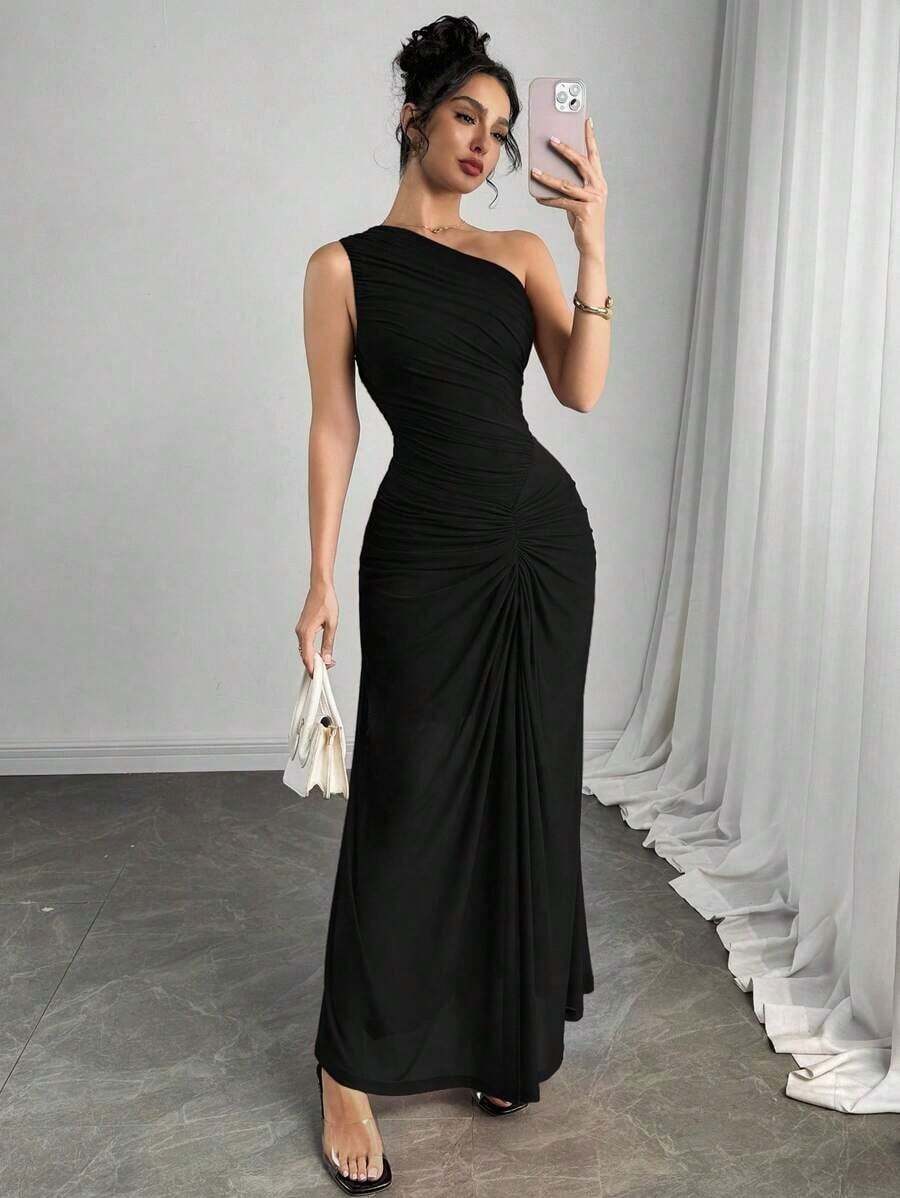 xheFirerie Nuevo vestido elegante de dama con falda roja, con volantes de malla, falda plisada, ideal para vacaciones, fiesta, cóctel, concierto o salida de ocioxhe - Negro - Ver 1