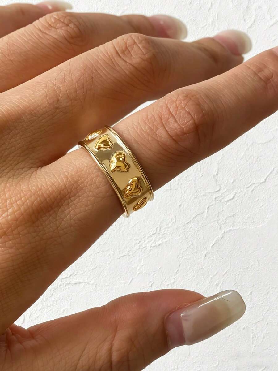 1pc 18K Gold Plated Stainless Steel, Women's Gold, Heart Shaped Design, Asymmetric Heart, Ins Style, Delicate Gift, Valentine's Day Gift, Adjustable Size, Elegant Ring, Women's Jewelry, Bohemian Style - Titanium Steel Ring - View 1