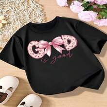Camiseta informal de verano con cuello redondo para hombre y mujer, exclusiva para el Día de la Independencia/Día del Padre, con un bonito lazo de dibujos animados y estampado "Dios es bueno", tejido de punto, corte regular - smeu - Negro - Ver 1