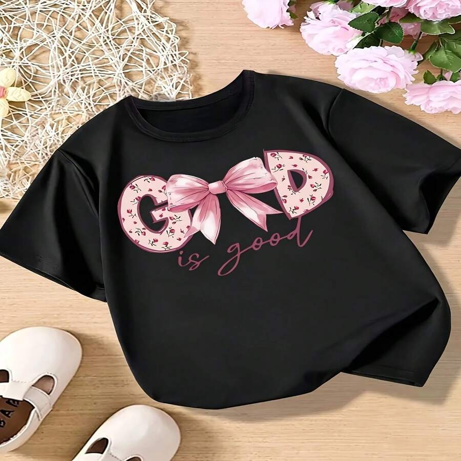 Camiseta informal de verano con cuello redondo para hombre y mujer, exclusiva para el Día de la Independencia/Día del Padre, con un bonito lazo de dibujos animados y estampado "Dios es bueno", tejido de punto, corte regular - smeu - Negro - Ver 1