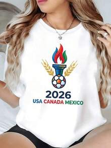 Antorcha simbólica con fuego tricolor y balón representando la unión entre países y la pasión por el fútbol en 2026 camiseta de mujer casual moderna cómoda para fanáticas del deporte internacional - Negro - Ver 6