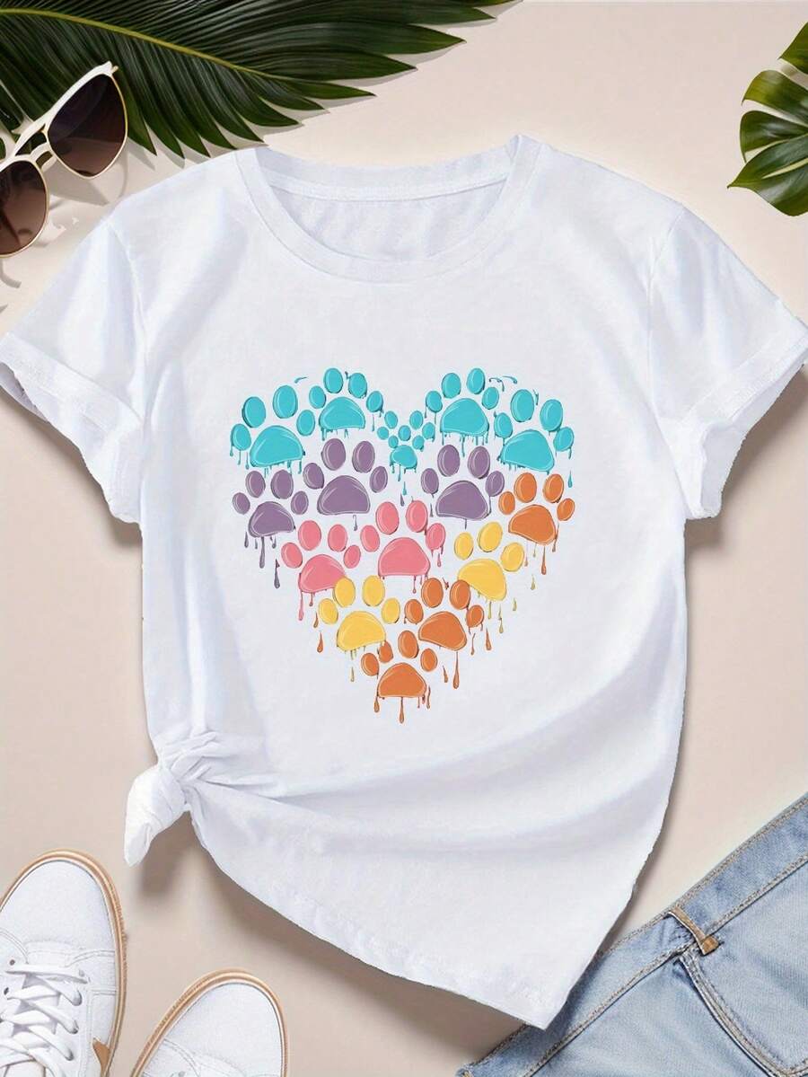 ¡Oferta por tiempo limitado, unidades limitadas, relámpago! Camisa casual para mujer, elegante, camiseta deportiva de manga corta para mujer, diseño de huella de pata en forma de corazón. - Blanco - Ver 1