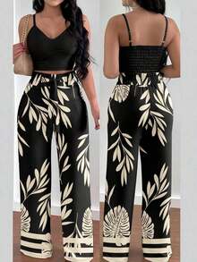 Set de 2 piezas con top de tirantes con estampado floral y pantalones anchos con cintura elástica y lazo para mujeres - Negro 2 - Ver 1