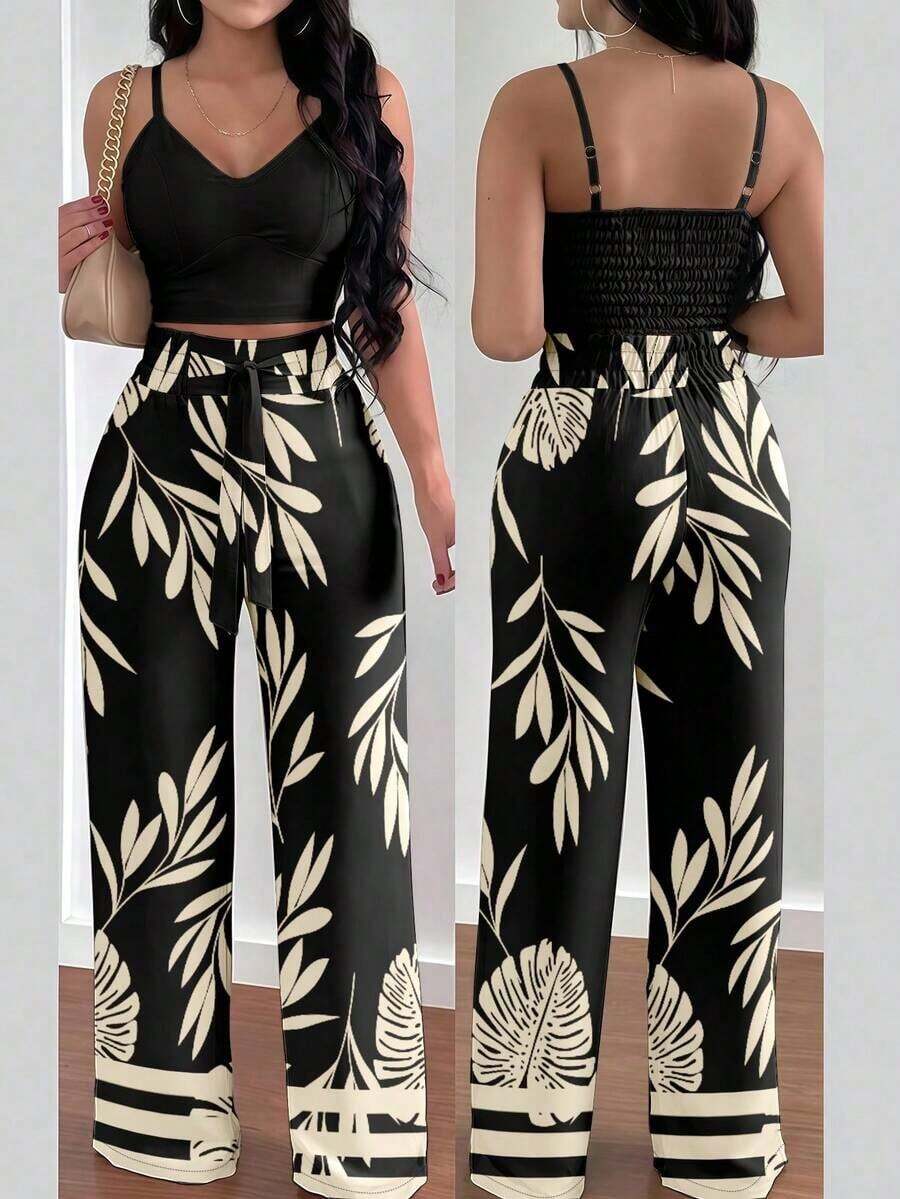 Set de 2 piezas con top de tirantes con estampado floral y pantalones anchos con cintura elástica y lazo para mujeres - Negro 2 - Ver 1