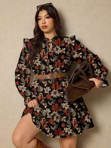 Vestido casual de manga larga con cuello de lazo, volantes y estampado floral para mujer de talla grande, apto para primavera/invierno - Multicolor - Ver 6