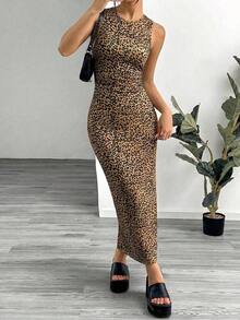 Vestido ajustado sin mangas con estampado de leopardo para mujer - Marrón - Ver 7