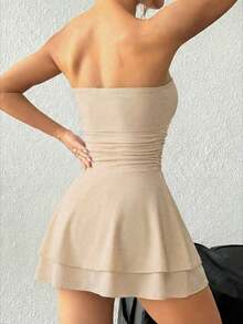Vestido mini sexy sin tirantes con estampado de leopardo y dobladillo de volantes de doble capa - Caqui - Ver 2