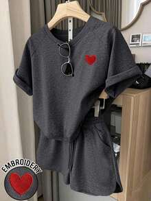 Conjunto de camiseta y pantalones cortos para mujer, diseño de patchwork de mezclilla vintage, top casual elegante para salidas de verano, estampado gráfico, versátil para uso diario, al aire libre, compras, viajes - Gris Oscuro - Ver 9