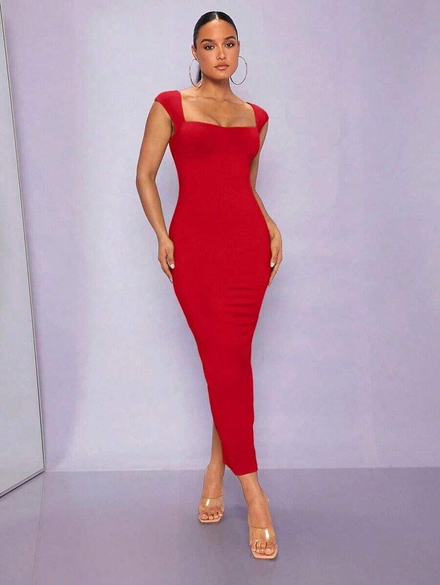 Vestido ajustado unicolor de cuello cuadrado - Rojo - Ver 1