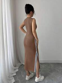 Vestido largo con abertura lateral decorativa de cinta bicolor negro y blanco de cuello redondo para mujeres - Marrón - Ver 2