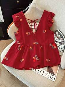 Blusa de mujer de talla grande con estampado floral de gasa, estilo casual de frente abierto tipo resort, versátil para primavera, verano y otoño - Rojo 2 - Ver 2