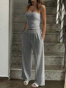 Conjunto de 2 piezas de ropa de otoño Vaiaye: Top corto ajustado y sexy sin tirantes, camiseta básica de unicolor elástica y ajustada, top tipo bandeau para yoga; Conjunto de pantalones para primavera/verano - flor gris - Ver 7