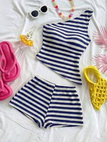 conjunto de verano para mujer, conjunto de vacaciones, conjunto de 2 piezas para uso diario, conjunto de vacaciones en la isla, bohemio, boho, floral romántico, vacaciones, floral - Azul marino - Ver 5