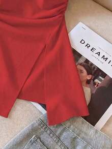 Top bandeau de unicolor con pliegues en el lateral y bajo con abertura de moda para mujer - Rojo - Ver 3