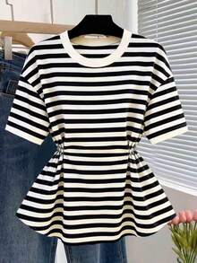 Camiseta de manga corta de cuello redondo con cintura a rayas, casual de verano para mujer - Negro - Ver 7