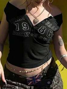 Camiseta de manga corta ajustada con estampado de letras estilo Y2K para mujer, casual para primavera/verano - Negro - Ver 9