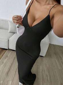 Vestido de encaje ajustado, elegante y romántico para cita nocturna, Día de San Valentín, con tirantes finos y largo, para fiesta de verano - Negro - Ver 4