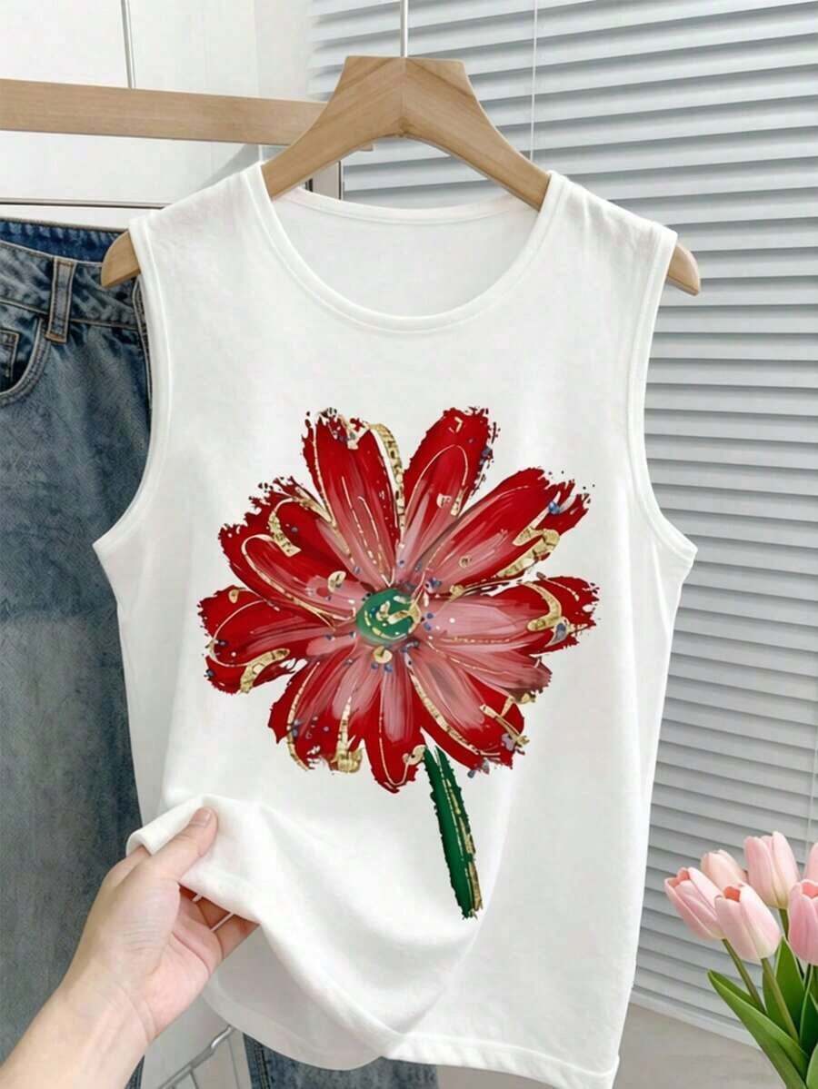 Blusa sin mangas de talla grande con estampado floral vintage, estilo casual de verano - Blanco - Ver 1