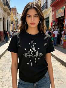 ¡Oferta por tiempo limitado, unidades limitadas,  relámpago! Camisas casuales para mujer, camisetas de poliéster para mujer, camisas elegantes.,Camiseta informal de mujer de manga corta y cuello redondo de poliéster con estampado de planetas y lunas, ideal para uso diario. - Negro - Ver 3