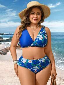 Conjunto de bikini con estampado tropical para la playa de verano en tallas grandes - Azul - Ver 4