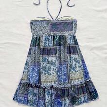 Western Wear Women,Summer Dresses For Women,Vacation Outfits Woman,Bohemian,Rave Outfit Festival,Concert Outfit Women,Easter Dress Women,Women's Vacation Colorful Retro Print Drawstring Front & Back Tie Layered Mini Dress, Music Festival Outfit,Sun Dress - Multicolor - Ver 10