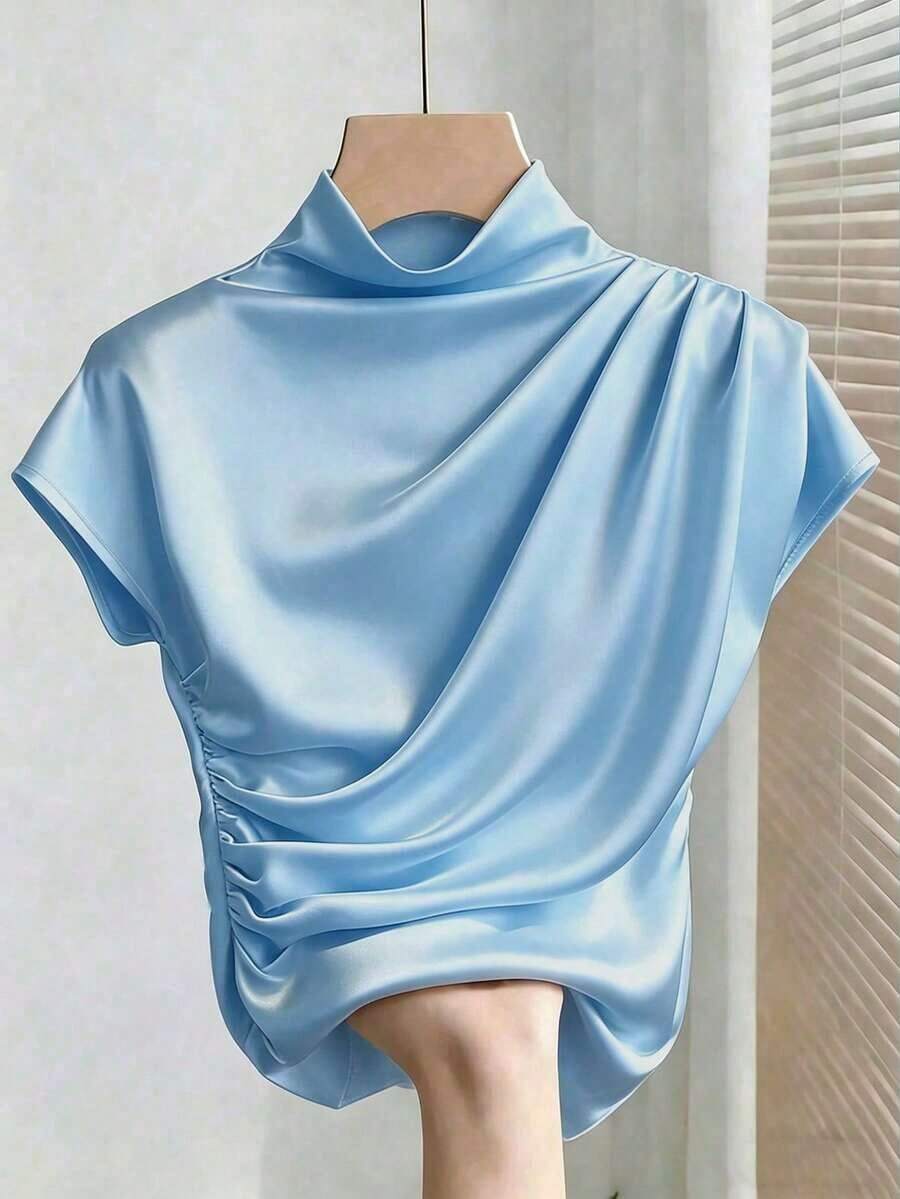 Camiseta blanca de manga corta ajustada con pliegues de unicolor y versátil para mujer - Niebla azul - Ver 1
