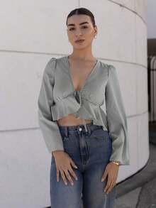 Camisa de manga larga con nudo delantero, estilo casual de vacaciones, adecuada para todas las ocasiones, apropiada para el verano.Tops de color azul bebé, tops de color azul claro, blusas con lazo delantero a rayas, blusas de verano para mu - Blanco y Negro - Ver 5