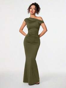Ropa de verano, atuendos para citas diarias y viajes, atuendos de fiesta, ropa interior elegante para mujeres, atuendos para salir, vestido asimétrico con hombros caídos y cola de pez extra larga, atuendos de club para mujeres, atuendos para - Verde militar - Ver 6
