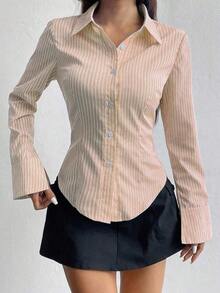 Camisa de manga larga casual a rayas que ciñe la cintura, apta para primavera/verano/otoño, tops de manga larga - Naranja - Ver 5