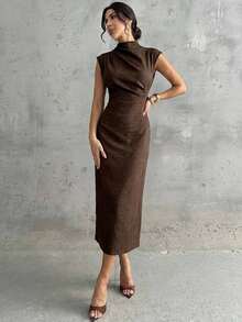 Vestido largo de mujer elegante y casual para uso diario, viajes y moda, con cuello mao, mangas drapeadas y cintura ceñida en color albaricoque - Cafetería - Ver 4
